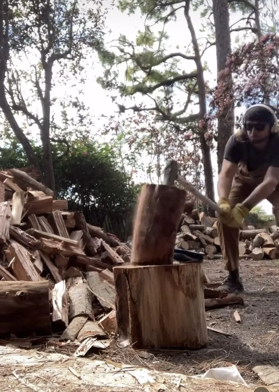 Splitting Australian pine firewood by hand for the Piez wood-fired pizza oven
