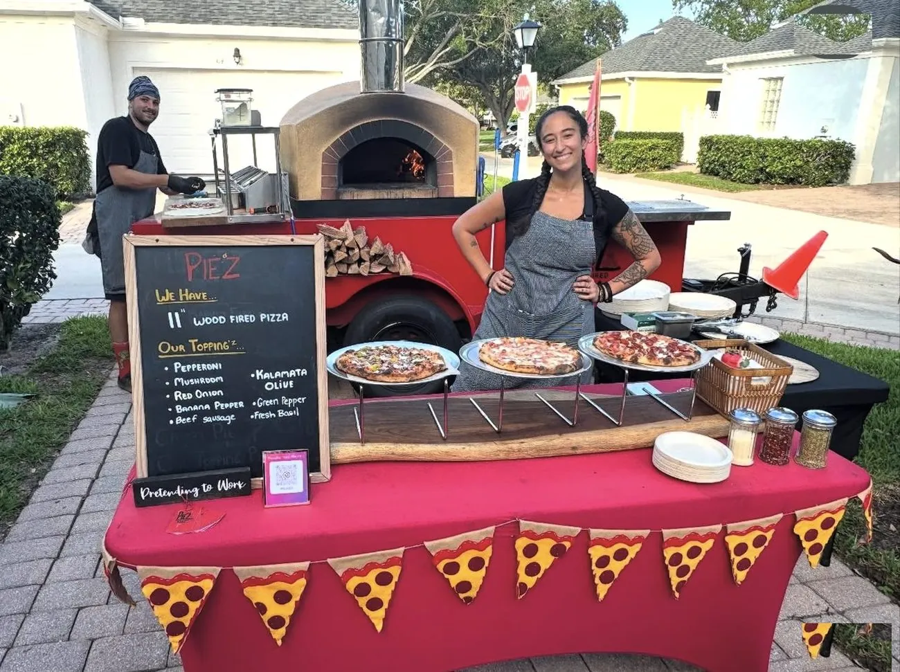 Piez Pizza wood-fired pizza food truck trailer set up for catering at a Palm Beach County party